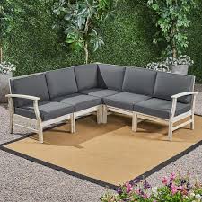 Perla Outdoor 5 Piece Acacia Wood Sectional Sofa Set Light Gray And Dark Gray