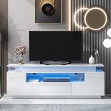 Harper Bright Designs Stylish 67 In White Tv Stand With Cabints Drawer And Shelf Fits Tv S Up To 75 In With Color Changing Led Lights