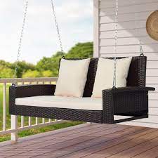Tenleaf 50 In 2 Person Brown Wicker Porch Swing With Beige Cushion And Reinforced Galvanized Steel Chain