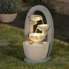 Luxenhome Gray Oval Cascading Bowls Resin Outdoor Fountain With Led Lights