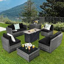 9 Pcs Patio Rattan Furniture Set Fire Pit Table Storage Black W Cover Black