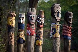 Totem Poles And Poles With Scarves At