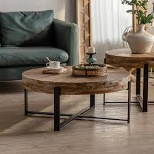 31 29 In Natural Round Wood Coffee Table With Black Cross Legs Base