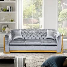 81 1 In Wide Rolled Arm Velvet Modern Rectangle 3 Seater Chesterfield Sofa Tufted Couch With Gold Stainless In Gray