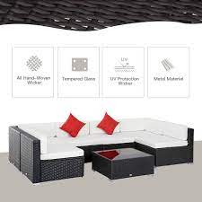 Outsunny 7 Piece Outdoor Patio Furniture Set Pe Rattan Wicker Sectional Sofa Set With Couch Cushions Pillows Coffee Table Orange White