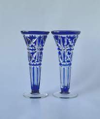Vintage Bohemian Glass Blue Vases X2