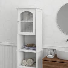 Urtr Modern White Narrow Tall Slim Floor Cabinet With 2 Glass Doors And Adjustable Shelves For Bathroom Entryway Kitchen