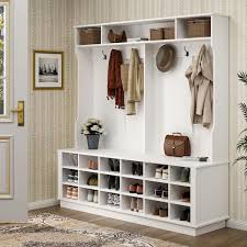Fufu Gaga 63 In W White Wood 3 In 1 Hall Tree Coat Rack Shoe Storage Bench With 6 Metal Double Hooks Shoe Rack And Shelves