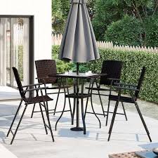 5 Piece Pe Wicker Outdoor Dining Set With Umbrella Hole And 4 Foldable Chairs