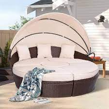 Wicker Outdoor Day Bed With Beige