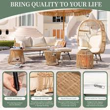 Boho 5 Piece Beige Wicker Patio Two Seater Chair Sets With Egg Chair Firepit Table And Beige Cushions