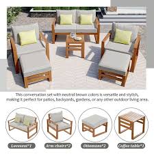 Polibi 6 Piece Acacia Wood Patio Conversation Sectional Seating Set With Gray Cushions And Ottomans