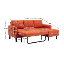 73 In Modern Orange Fabric Reversible Sleeper Sectional Sofa Bed With Side Pocket And Storage Chaise