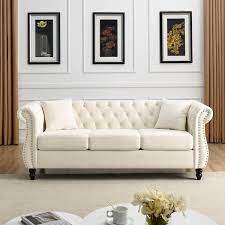 80 In Wide Rolled Arm Rectangle Velvet 3 Seater Chesterfield Sofa With Tufted Nailhead Design And 2 Pillows In Beige