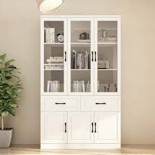 47 2 In Wide X 78 9 In H 8 Shelf White Wood Standard Bookcase With Adjustable Shelves Tempered Glass Doors Drawers