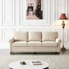 Modern 82 68 In W Round Arm Linen Upholstery Polyester Nailhead Trim Straight 3 Seat Sofa With Storage In Beige