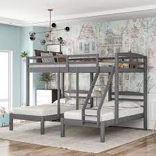 Anbazar Gray L Shaped Full Over Twin Bunk Beds With Ladder And Guardrails Wood Triple Kids Bunk Bed Frame