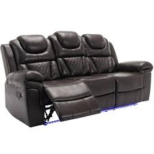 83 1 In Flared Arm Faux Leather Rectangle Manual Recliner 3 Seat Sofa In Brown With Center Console And Led Light Strip