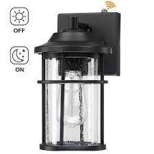 11 In Matte Black Hardwired Dusk To Dawn Outdoor Wall Lantern Sconce Sensor With Seeded Glass Shade