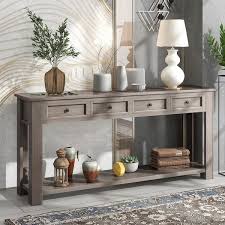 64 2 In Gray Standard Rectangle Wood Console Table With 4 Storage Drawers And Bottom Shelf