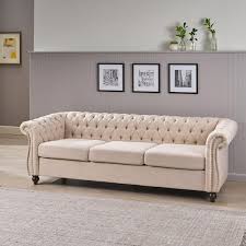 Parksley Tufted Chesterfield Fabric 3 Seater Sofa Beige And Dark Brown