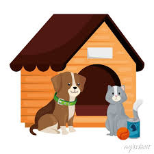 Cute Dog And Cat With Wooden House