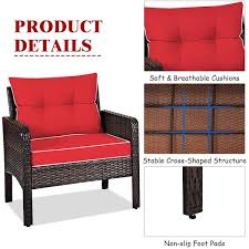 Costway 28 In Brown Frame 3 Piece Plastic Rattan Patio Conversation Seating Set With Red Cushions