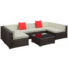 Outsunny Wicker 7 Piece Patio Conversation Set With Sofa Coffee Table Cushion Cream White 7pcs