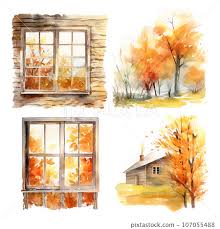 Autumn Window Watercolor Icon Set Ai