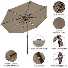 Costway 10 Solar Led Lighted Patio Market Umbrella Shade Tilt Adjustment Crank Tan