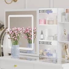 White Makeup Vanity Set Dressing Desk With Glass Top Sliding Led Lighted Mirror Drawers Storage Shelves And Stool