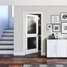 Eightdoors 24 In X 80 In X 1 3 8 In 2 Lite Solid Core Frosted Glass Shaker White Primed Wood Interior Door Slab