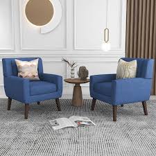 Blue Linen Arm Chair 2 With Tufted Cushions Set Of 2