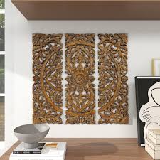 Litton Lane Wood Brown Handmade Intricately Carved Fl Wall Decor With Mandala Design Set Of 3