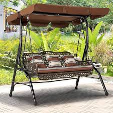 Brown 3 Person Wicker Outdoor Patio Swing With Cushion And Pillows