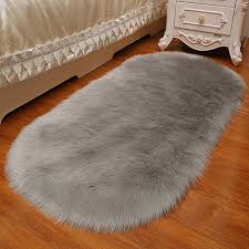 Oval Faux Fur Sheepskin Floor Rug Grey