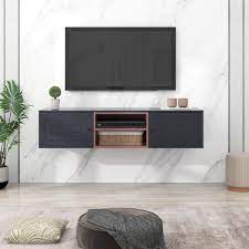 Black Modern Wall Mounted Tv Stand Fits Tv S Up To 65 In 3 Levels Adjustable Shelves And Magnetic Cabinet Door