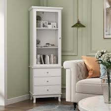 70 9 In H Wood Standard Bookshelf Bookcase In White With Tempered Glass Doors 3 Drawers And Adjustable Shelves