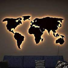 Brown World Map Backlit Walnut Finish