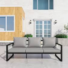 Metal Outdoor Couch Patio Furniture 3 Seat All Weather Outdoor Black Metal Sofa Chair With Grey Cushions