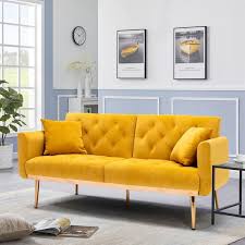 Homefun 63 7 In Wide Mustard Yellow Velvet Upholstered 2 Seater Convertible Sofa Bed With Golden Metal Legs Size 30 70 H X 63 77 W X 31 49 D