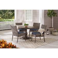 Hampton Bay Windsor 5 Piece Brown Wicker Round Outdoor Patio Dining Set With Cushionguard Sky Blue Cushions