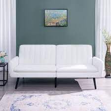 Convertible Sofa Futon Split Back Linen Sleeper Couch For Living Room In White