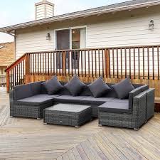 Outsunny 7 Piece Patio Furniture Sets Pe Rattan Sectional Sofa Set Outdoor Conversation Set W Coffee Table Cushion For Garden Backyard Grey