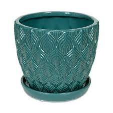 Teal Leaf Textured Ceramic Planter