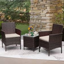 Tozey Brown 3 Pieces Patio Furniture Pe Rattan Outdoor Conversation Set W Table Backyard Garden Set With Beige Cushion