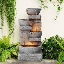 Teamson Home Outdoor Zen Garden 33 In Stone Texture Polyresin Cascading Waterfall Fountain With Led Lights