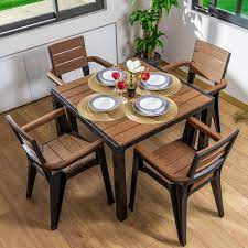 Inval Madeira 4 Seat Patio Dining Table And Armchair Set In Black Teak Brown