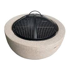 26 In W X 12 In H Outdoor Stone And Steel Wood Beige Fire Pit