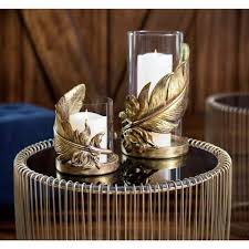 Large Metallic Gold Feather Candle Holder With Hurricane Glass